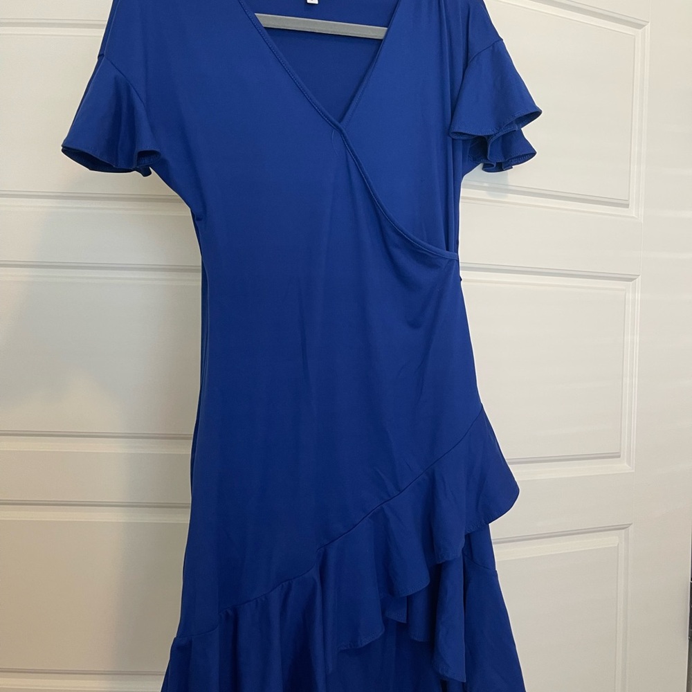 Blue Ruffle-Trim Wrap Dress